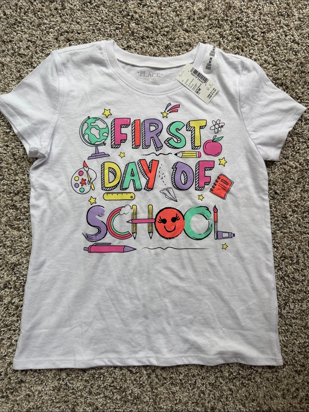 NWT The Children's Place White 'First Day of School' Colorful Graphic Tee size M